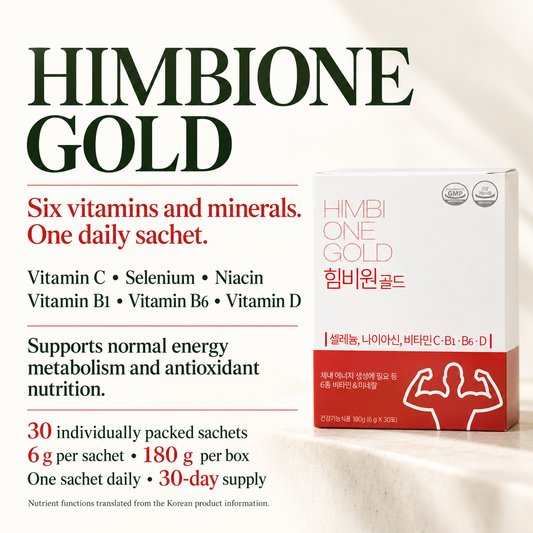HIMBIONE GOLD — Six vitamins and minerals. One daily sachet.. Vitamin C • Selenium • Niacin Vitamin B1 • Vitamin B6 • Vitamin D Supports normal energy metabolism and antioxidant nutrition. 30 individually packed sachets 6 g per sachet • 180 g per box One sachet daily • 30-day supply