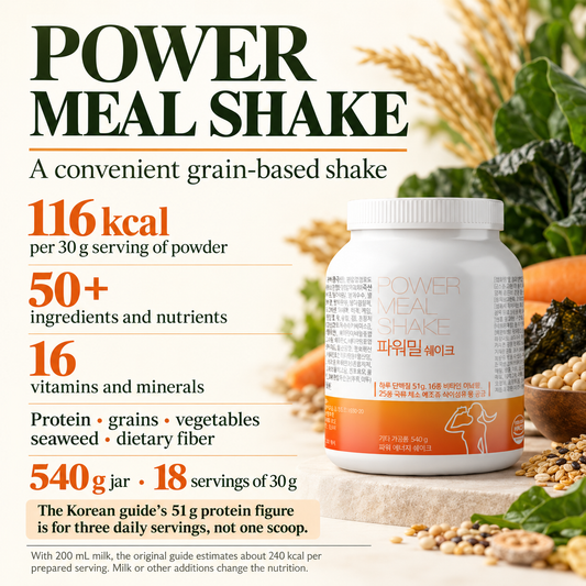 POWER MEAL SHAKE — A convenient grain-based shake. 116 kcal per 30 g serving of powder 50+ ingredients and nutrients 16 vitamins and minerals Protein • grains • vegetables • seaweed • dietary fiber 540 g jar • 18 servings of 30 g The Korean guide's 51 g protein figure is for three daily servings, not one scoop.